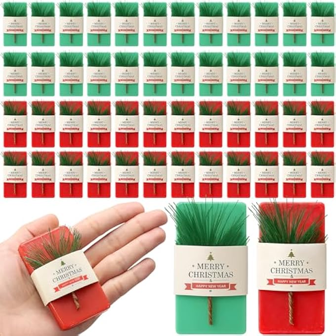 Swiffen 50 PACK CHRISTMAS BAR SOAP GIFT BULK RED AND GREEN MINI HAND WASH SOAPS TRAVEL SIZE WITH PINE LEAVES, XMAS HOLIDAY PARTY SUPPLIES STOCKS STUFFERS FOR APPRECIATION GIFTS(MERRY CHRISTMAS) - Image 1